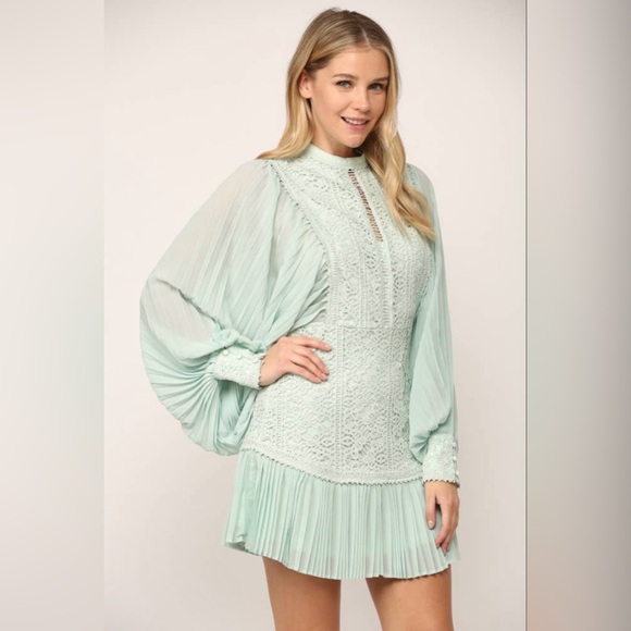 Pleated Volume Sleeve Lace Mini Dress|Statement Long Sleeve Party Dress|S–M - Picture 9 of 12